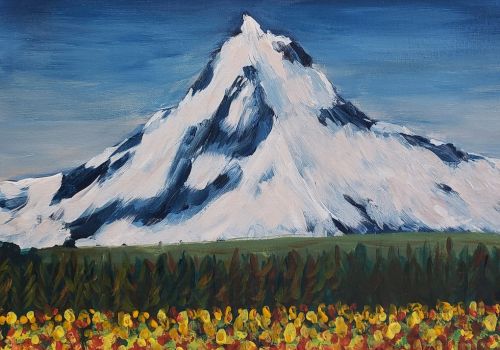 A snowy mountain peak with a bright blue sky and a foreground of colorful flowers, creating a vibrant landscape scene.