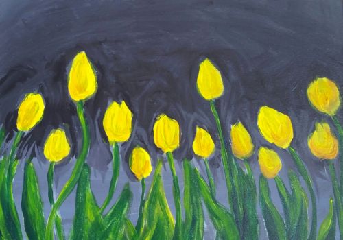 Bright yellow tulips with green stems rise against a dark blue to purple night sky, painted with bold, expressive strokes.