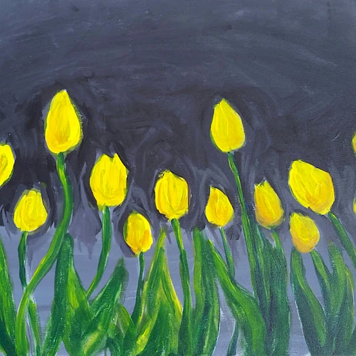 Bright yellow tulips with green stems rise against a dark blue to purple night sky, painted with bold, expressive strokes.