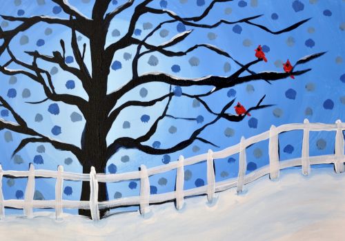 A winter scene with a bare tree, red birds on branches, blue sky, snow-covered ground, and a white fence, creating a serene atmosphere.