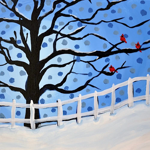 A winter scene with a bare tree, red birds on branches, blue sky, snow-covered ground, and a white fence, creating a serene atmosphere.