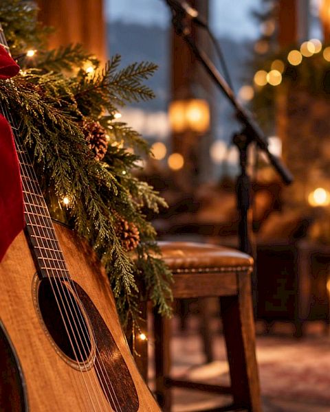 A Christmas garland with a red velvet bow hangs beside a wooden guitar in a cozy room lit by a fireplace.