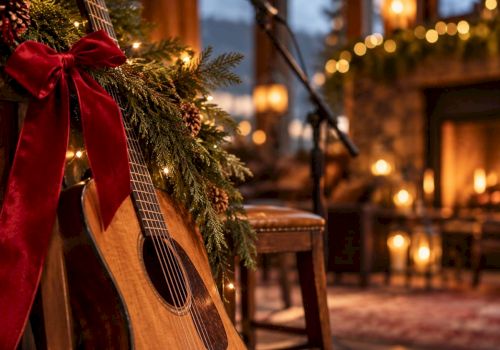 A Christmas garland with a red velvet bow hangs beside a wooden guitar in a cozy room lit by a fireplace.