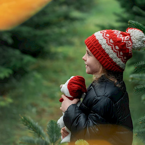 A child in a festive hat holds a toy, surrounded by evergreen trees.