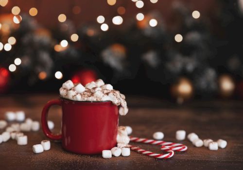 A red mug filled with hot chocolate and marshmallows, surrounded by candy canes, with a festive, blurred light background.
