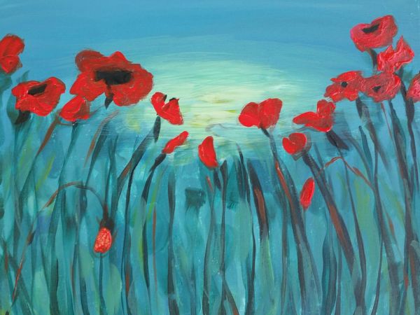 A vibrant field of tall blue-green grasses with bright red poppies against a blue sky and a soft sunlit horizon, painted in a loose impressionistic style.