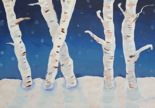 A wintry scene with white birch trees rising from snow against a blue gradient, slender trunks reaching upward.