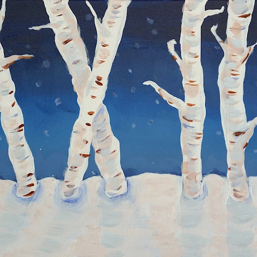 A wintry scene with white birch trees rising from snow against a blue gradient, slender trunks reaching upward.