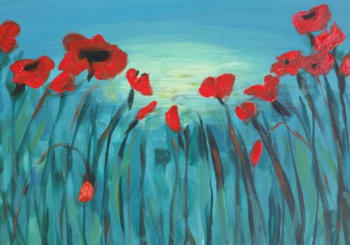 A field of tall teal grasses sways beneath a pale sun, dotted with bright red poppies dancing toward the breeze.