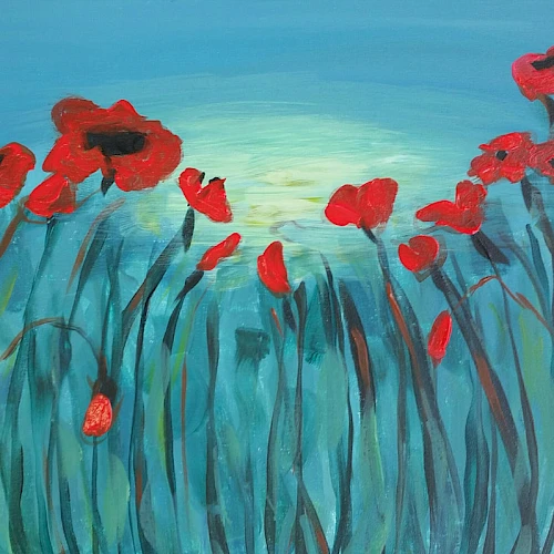A field of tall teal grasses sways beneath a pale sun, dotted with bright red poppies dancing toward the breeze.
