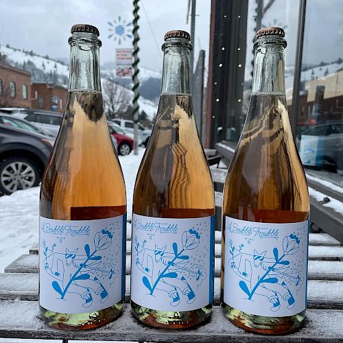 Three small glass bottles with light pink to amber liquid, labeled with blue botanical designs, on a snowy outdoor bench, reflective storefronts nearby.
