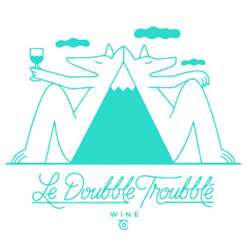 Two stylized figures flank a mountain, sharing a triangle centerpiece; one holds a glass, with “Le Double Trouble” and “WINe” branding below, teal.