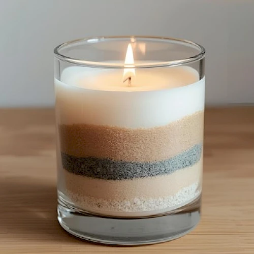 A lit, layered candle in a clear glass jar sits on a wooden surface, showing creamy white, tan, and dark brown sandy layers.
