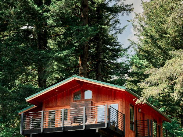 A red cabin on stilts perched among tall pine trees, with a wraparound balcony in a forest setting, under a clear sky.
