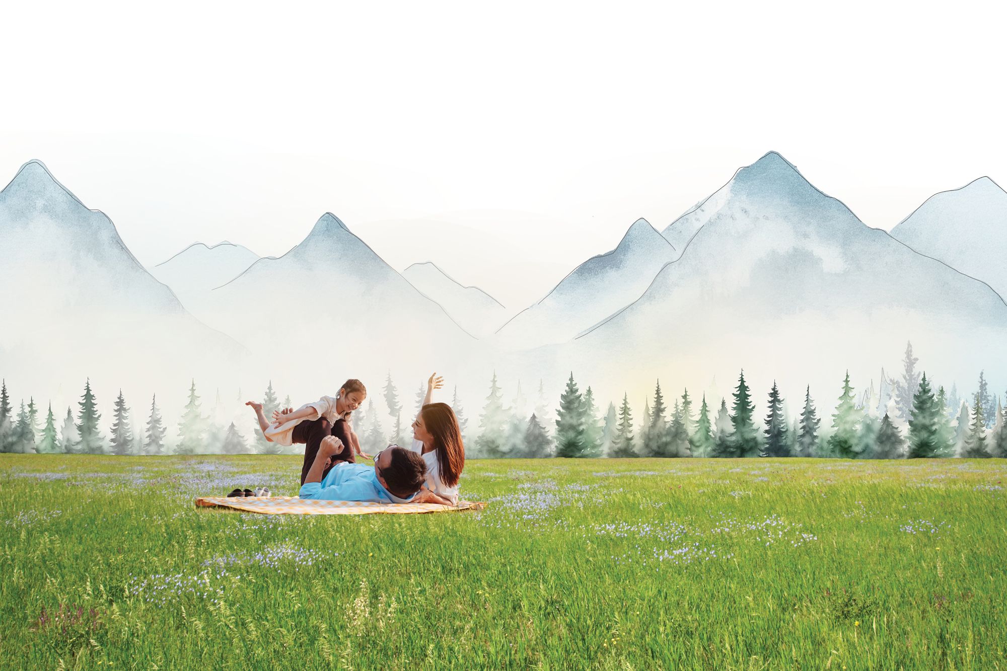 A group of friends is picnicking on a blanket in a green meadow with mountains and trees in the background, enjoying a sunny day.