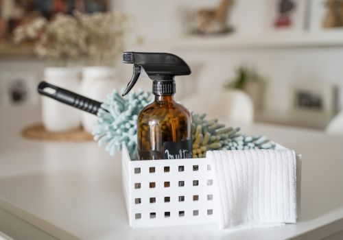 A white basket holds a brown spray bottle with a black nozzle, a handheld brush, and a folded white cloth on a clean, bright surface.