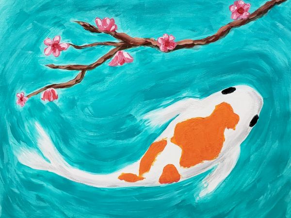 A koi fish with orange and white markings swimming in teal water beneath a flowering branch with pink blossoms.