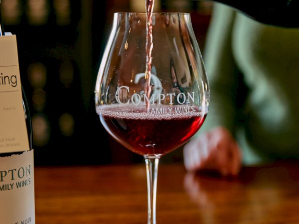 Pouring red wine into a glass at a tasting bar, bottle tilted, wine flowing, labeled glass reads &ldquo;COTTON&rdquo; or similar, warm bar backdrop.