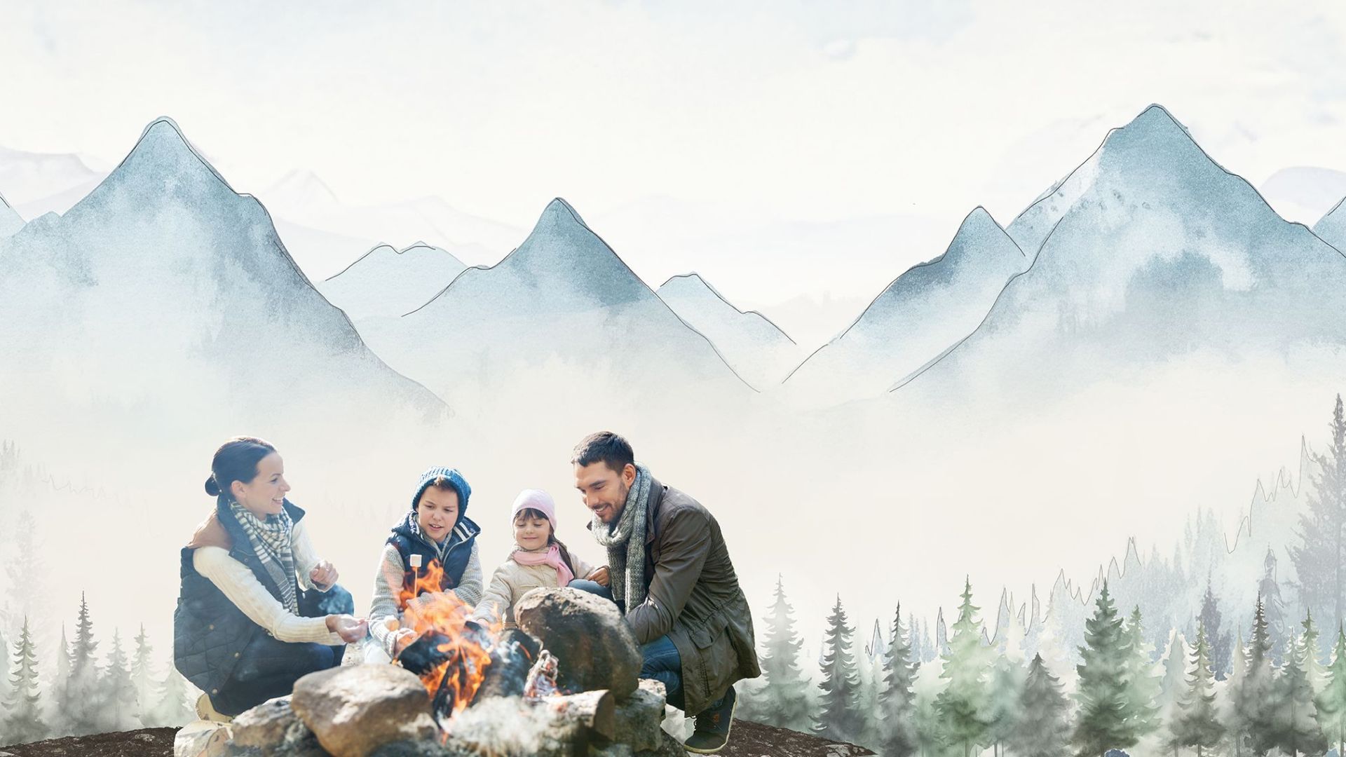 A watercolor scene with four people sitting around a campfire, mountains and trees in the background under a cloudy sky.