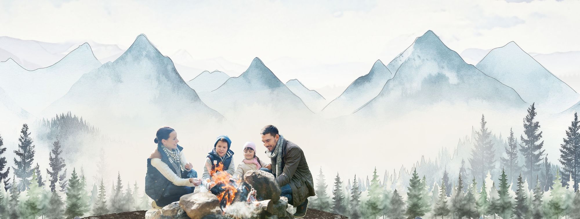 A watercolor scene with four people sitting around a campfire, mountains and trees in the background under a cloudy sky.