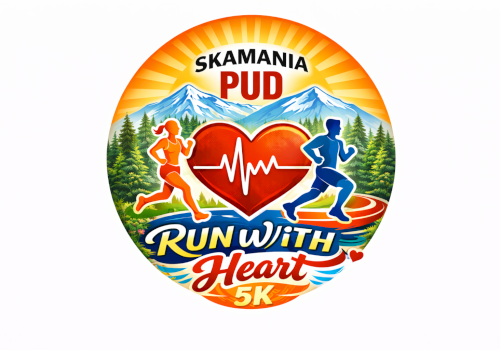 A round race logo with two runners, a heart between them and mountains, saying &ldquo;Run with Heart 5K&rdquo; in bright colors. End.