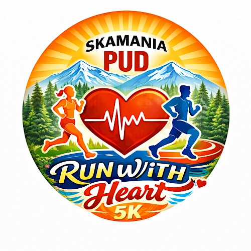 A round race logo with two runners, a heart between them and mountains, saying &ldquo;Run with Heart 5K&rdquo; in bright colors. End.