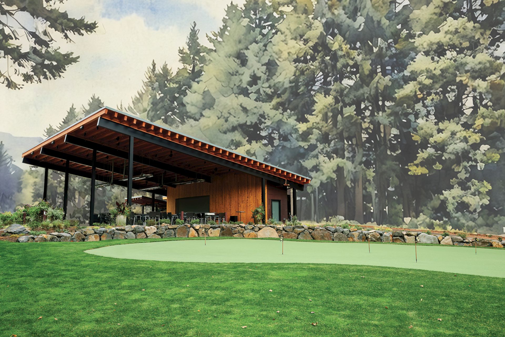 A wooden pavilion with a green roof sits beside a rock wall, surrounded by lush trees and a well-manicured lawn.