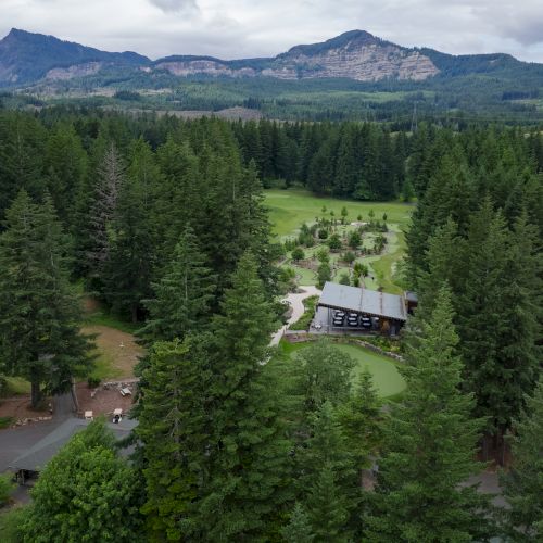 The image shows a scenic view of a forested area with a building in the center, surrounded by mountains and lush greenery, under a cloudy sky.