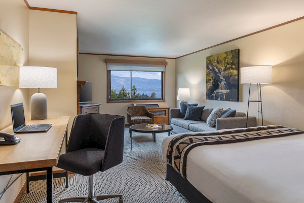 A hotel room with a bed, desk, chair, sofa, and lamps, plus a window view.