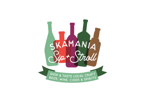 A logo with colorful bottles and the text &ldquo;Skamania Sip & Stroll,&rdquo; plus a green ribbon reading &ldquo;Shop & Taste Local Craft Beer, Wine, Cider & Spirits.&rdquo;