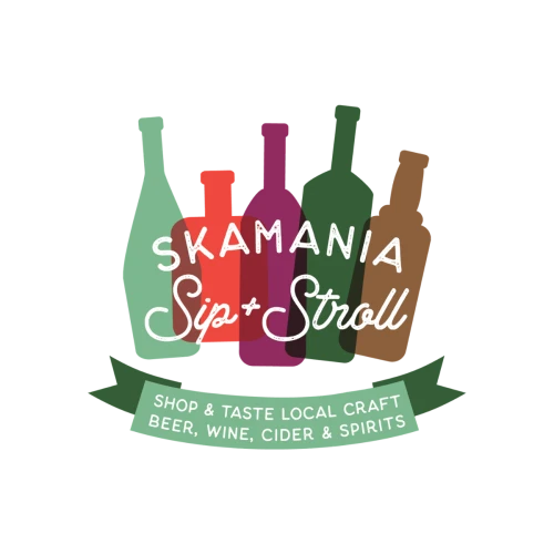 A logo with colorful bottles and the text &ldquo;Skamania Sip & Stroll,&rdquo; plus a green ribbon reading &ldquo;Shop & Taste Local Craft Beer, Wine, Cider & Spirits.&rdquo;