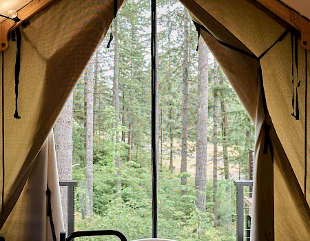 A cozy campsite scene with a bathtub inside a tent, wood deck, and forest view, lit by warm string lights, inviting relaxation at a campground.