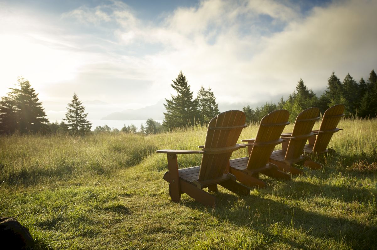 Four wooden lawn chairs sit in a sunlit grassy field, facing a distant treeline and calm horizon, as the morning light warms the scene.