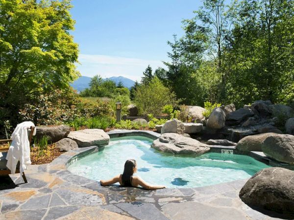 A person relaxes in a small, naturalistic pool surrounded by stones and greenery with mountains in the background on a sunny day.