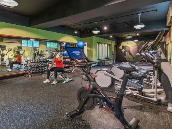 A gym with exercise bikes, treadmills, weight benches, and a person sitting; vibrant green walls and a large mirror.