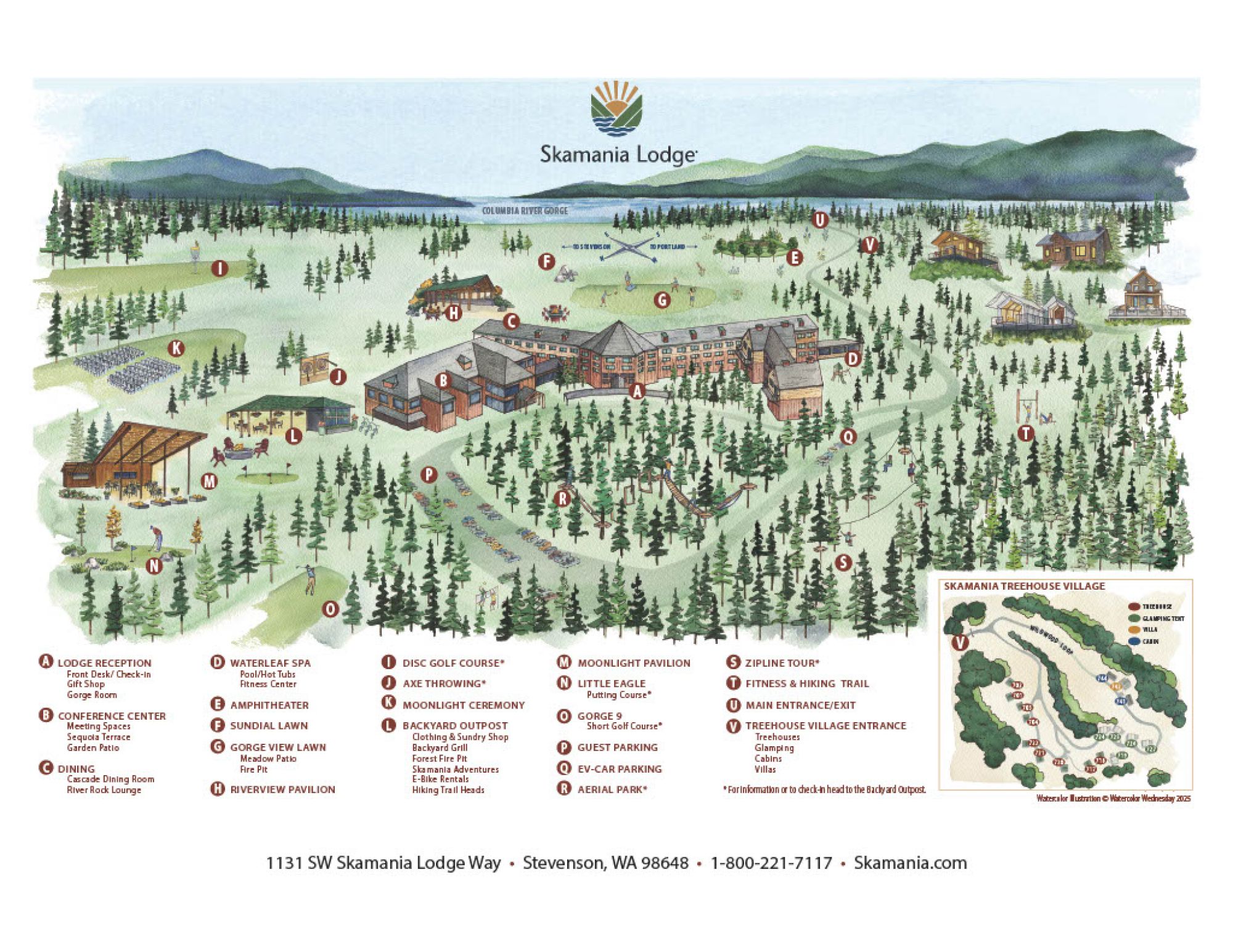This image is a map of Skamania Lodge, illustrating various buildings and areas with a numbered key and a small golf course layout.