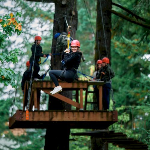 A smiling zipline rider in a helmet pauses on a forest treetop course while others gear up behind her.
