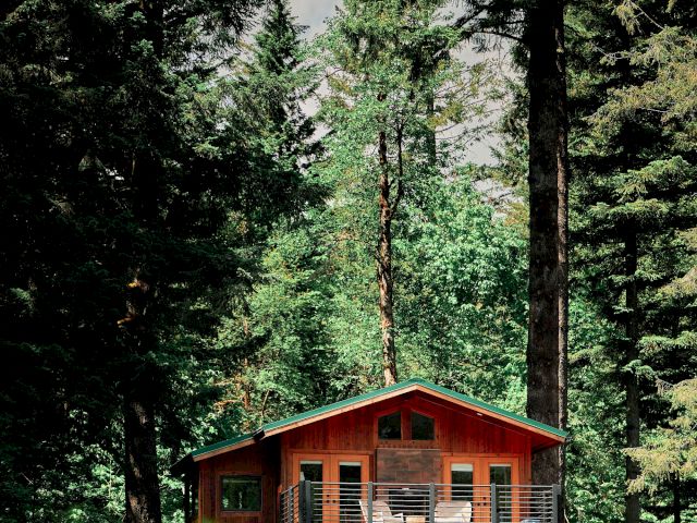 A small wooden cabin with a balcony sits among lush green trees in a forest, with sky visible through the canopy.