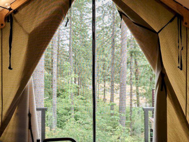 Interior of a canvas safari tent with a window view, hanging globe lights, and a wooden table beside a white bathtub.