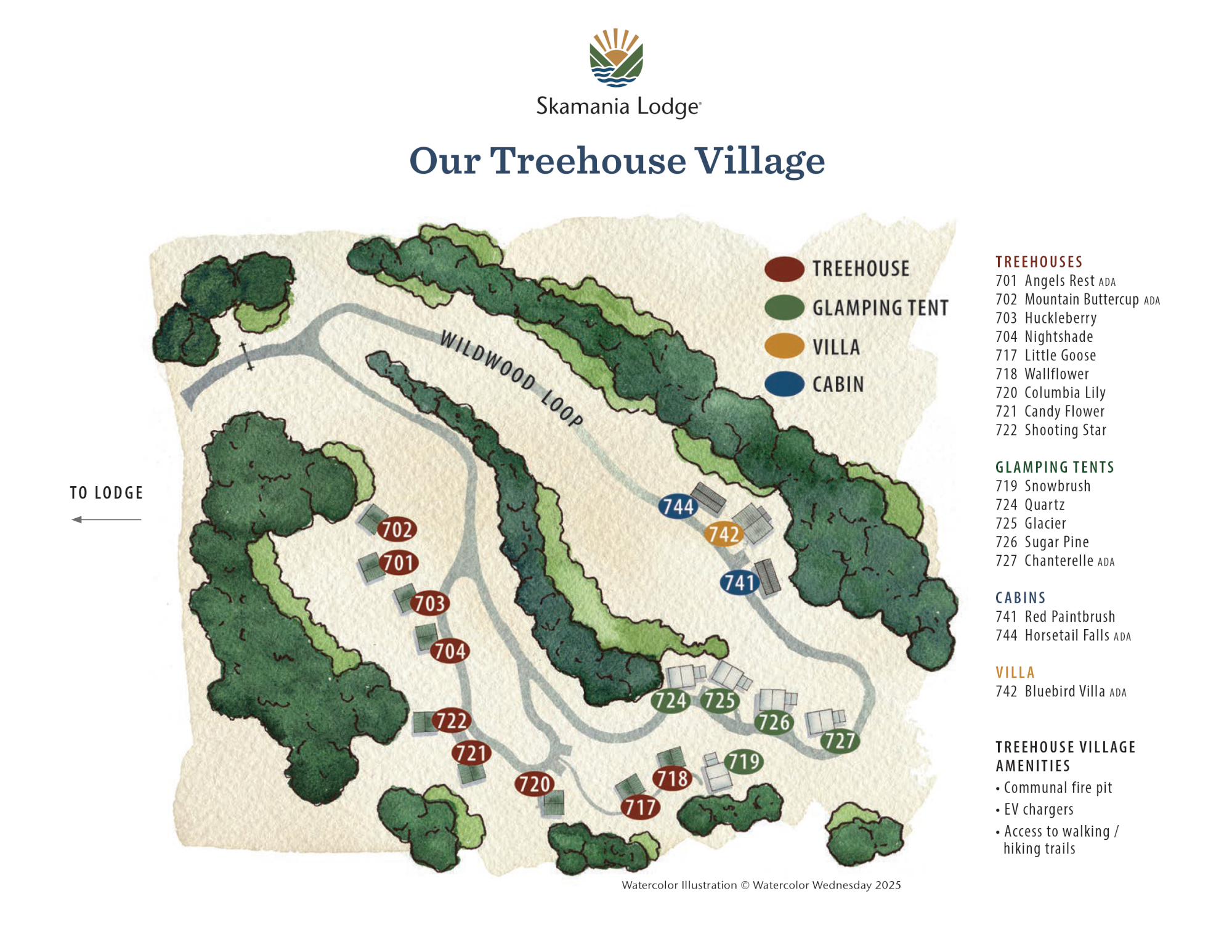 A map of Skamania Lodge&rsquo;s Treehouse Village showing cabin, villa, glamping tent, and treehouse locations with numbered sites and amenities.