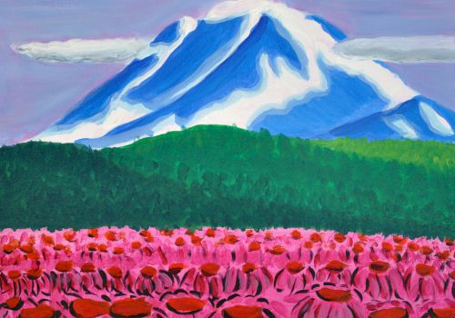 A vibrant field of pink flowers in the foreground, a green treeline in the midground, and a towering blue-and-white snow-capped mountain in the background.