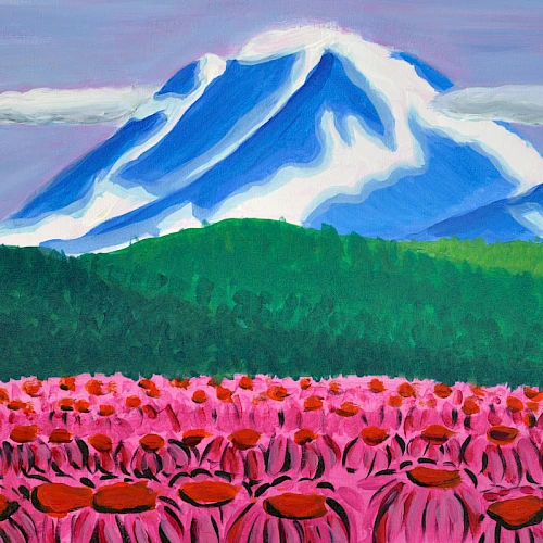 A vibrant field of pink flowers in the foreground, a green treeline in the midground, and a towering blue-and-white snow-capped mountain in the background.