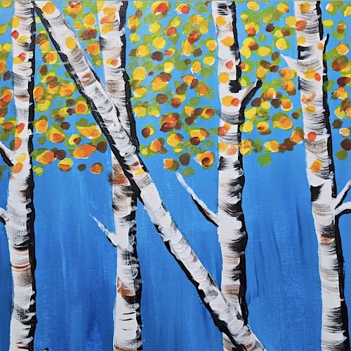 A colorful painting of white birch trees on a bright blue background, with autumn leaves and blossoms falling through the air.