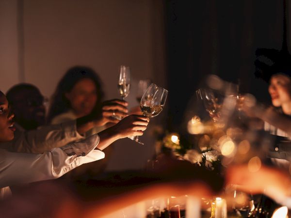 A group of people toast with wine glasses at a candlelit celebration dinner.