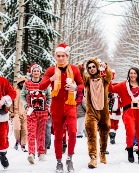 A group of people in Santa, elf, and reindeer costumes walk through a snowy forest, smiling and waving.