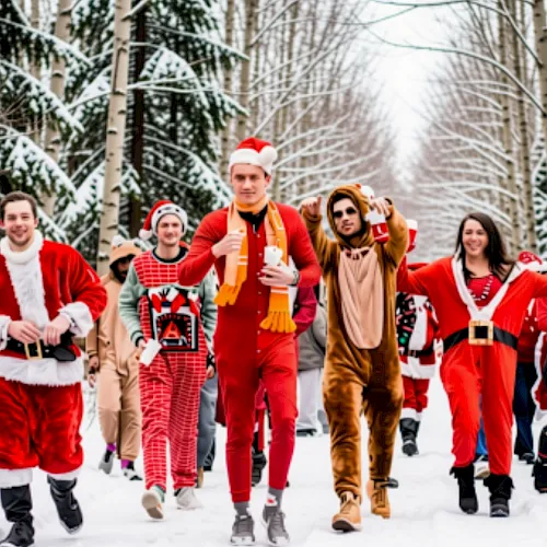 A group of people in Santa, elf, and reindeer costumes walk through a snowy forest, smiling and waving.