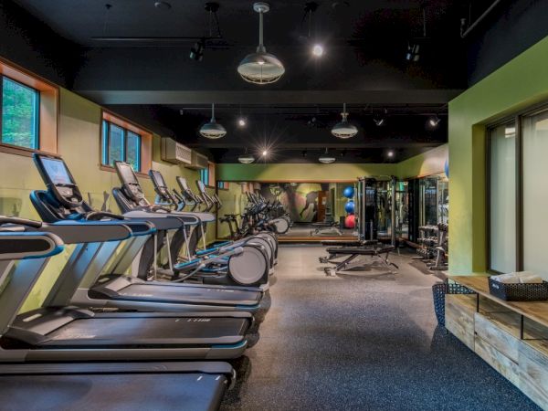 The image shows a gym with treadmills, stationary bikes, and weightlifting equipment in a well-lit, modern room.