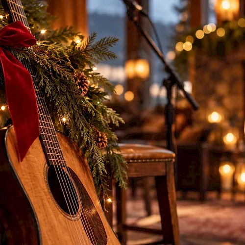 A festive scene with pine garland and a red bow on a wooden wall, an acoustic guitar, and a cozy lit fireplace in the background.