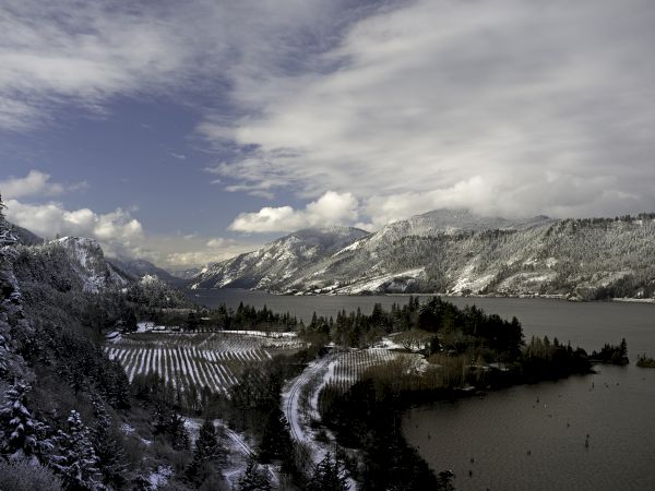 Snowy valley with pine trees, a frozen lake, and rugged alpine mountains under dramatic clouds.