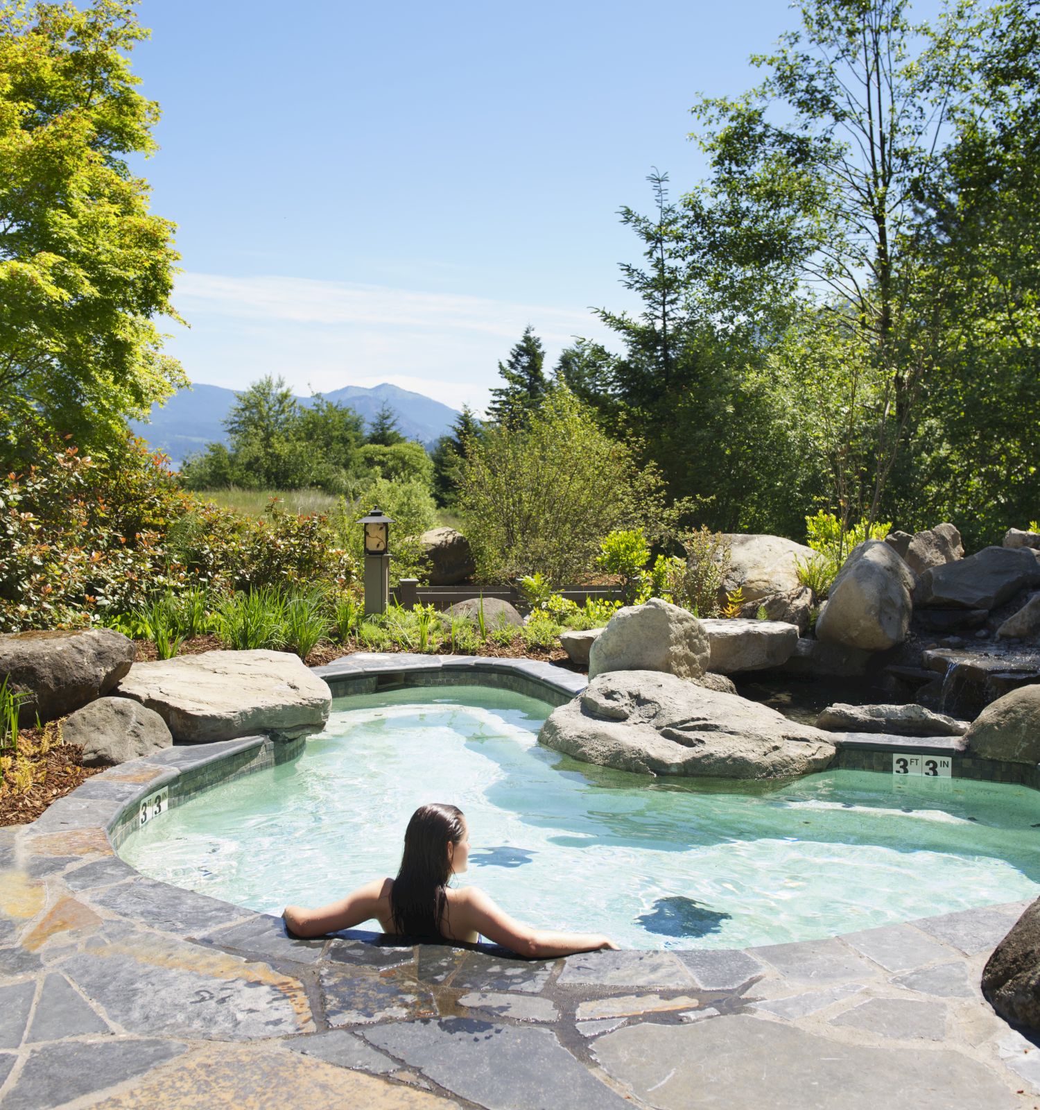 An outdoor pool with rocks, lush trees, and mountains in view, with a person relaxing in the water on a sunny day.